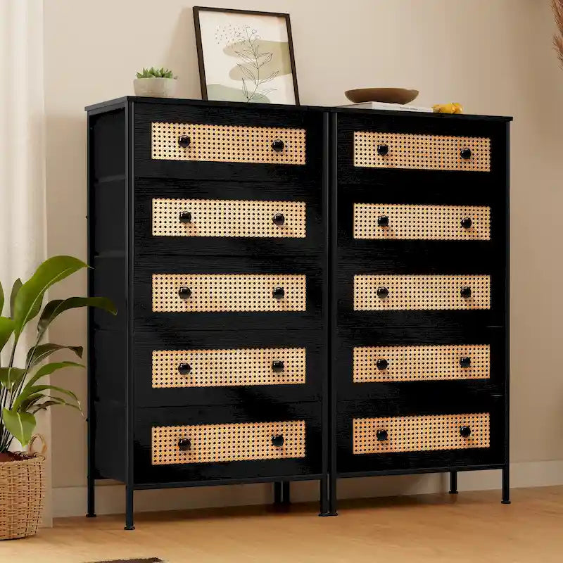Commode de rangement à 5 tiroirs en similicuir tressé – Tour de chambre à coucher avec cadre en acier