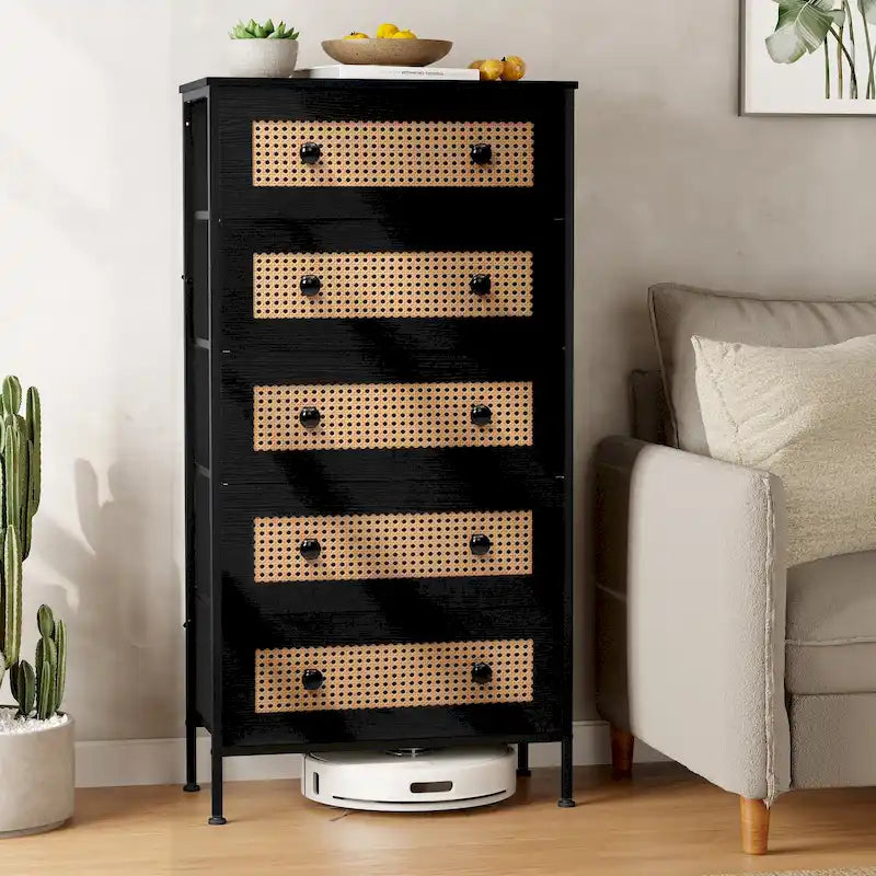 Commode de rangement à 5 tiroirs en similicuir tressé – Tour de chambre à coucher avec cadre en acier