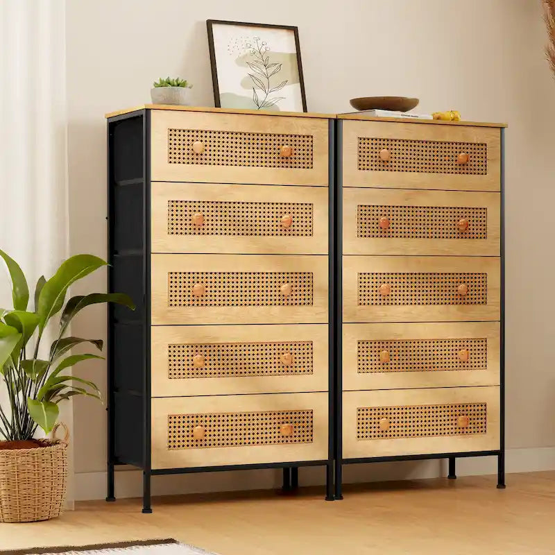 Commode de rangement à 5 tiroirs en similicuir tressé – Tour de chambre à coucher avec cadre en acier