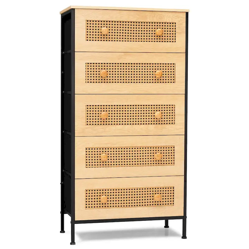 Commode de rangement à 5 tiroirs en similicuir tressé – Tour de chambre à coucher avec cadre en acier