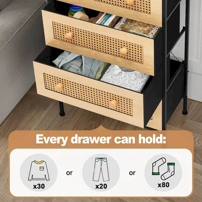 Commode de rangement à 5 tiroirs en similicuir tressé – Tour de chambre à coucher avec cadre en acier
