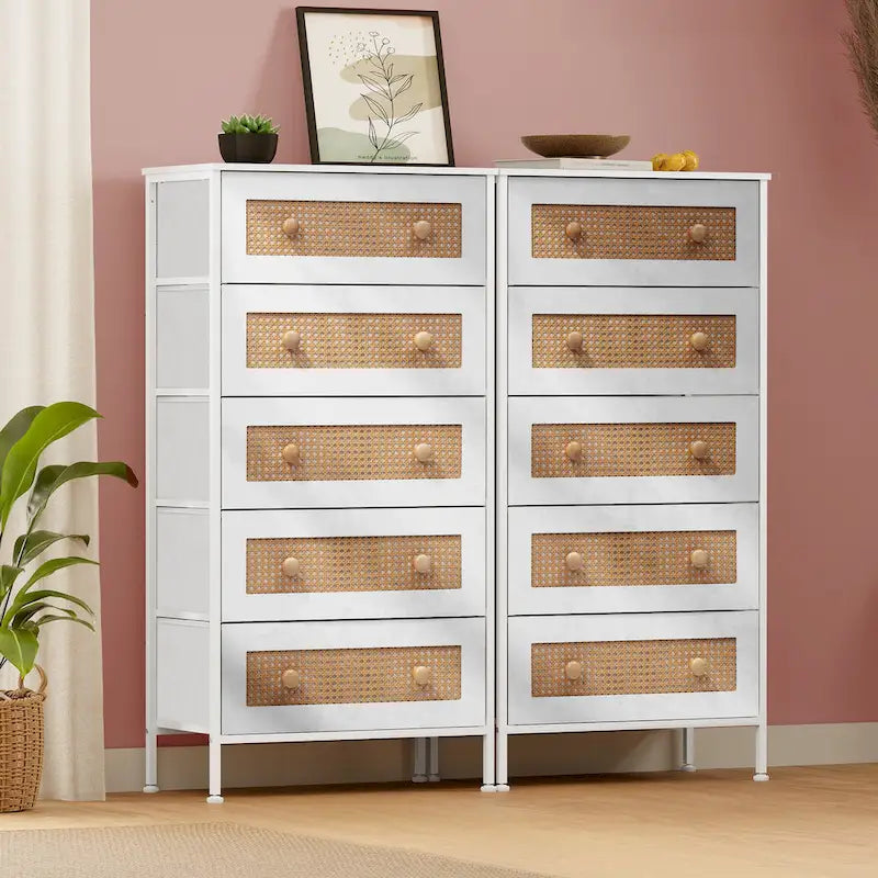 Commode de rangement à 5 tiroirs en similicuir tressé – Tour de chambre à coucher avec cadre en acier