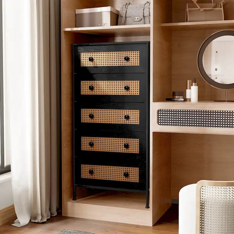 Commode de rangement à 5 tiroirs en similicuir tressé – Tour de chambre à coucher avec cadre en acier
