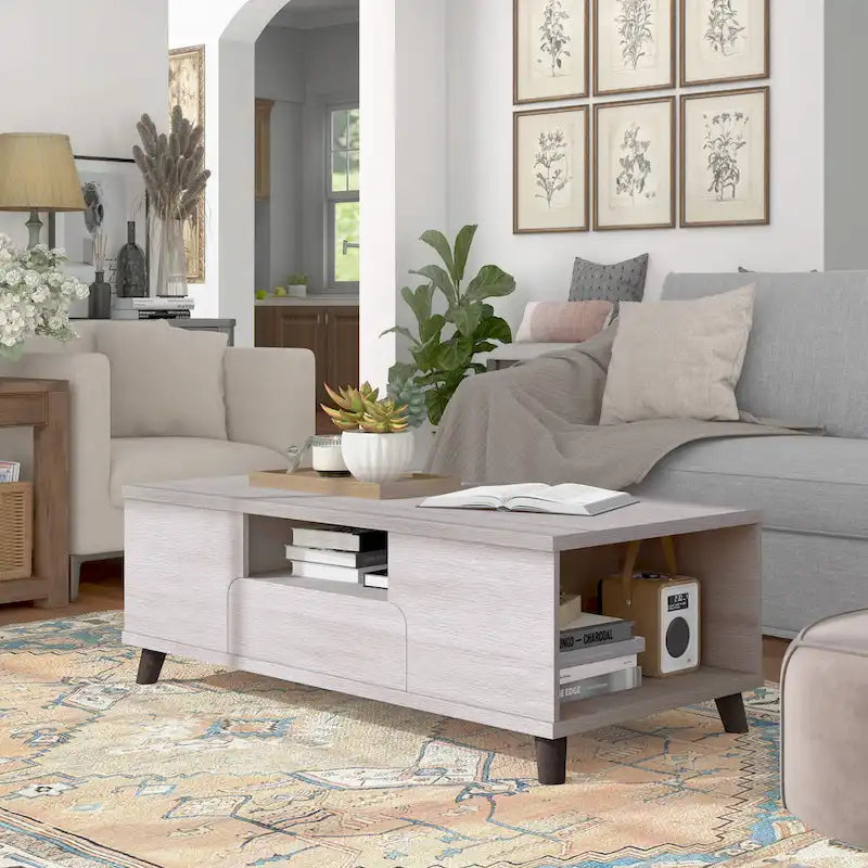 Table basse 47" Mid-Century Modern avec étagères et tiroir