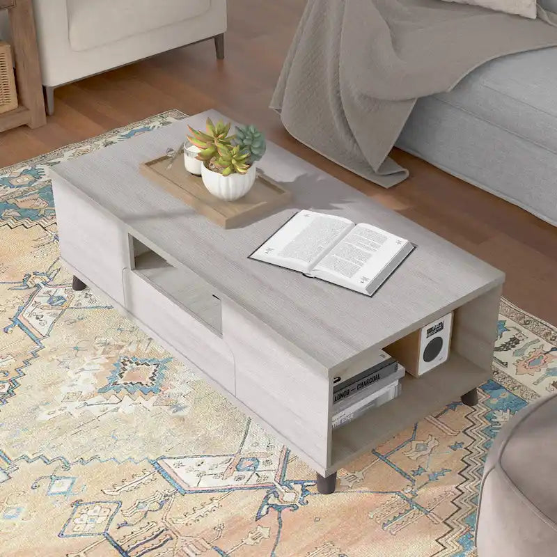 Table basse 47" Mid-Century Modern avec étagères et tiroir