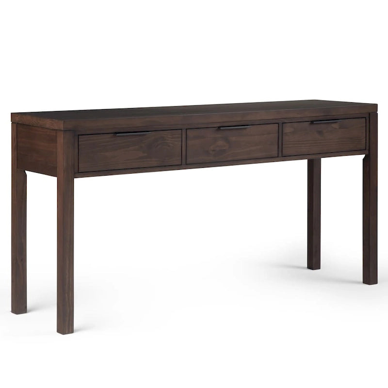 Console en bois massif de 152 cm avec 3 tiroirs, style contemporain, coloris noyer chaud