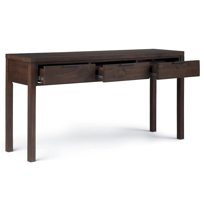 Console en bois massif de 152 cm avec 3 tiroirs, style contemporain, coloris noyer chaud