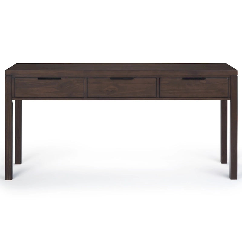 Console en bois massif de 152 cm avec 3 tiroirs, style contemporain, coloris noyer chaud