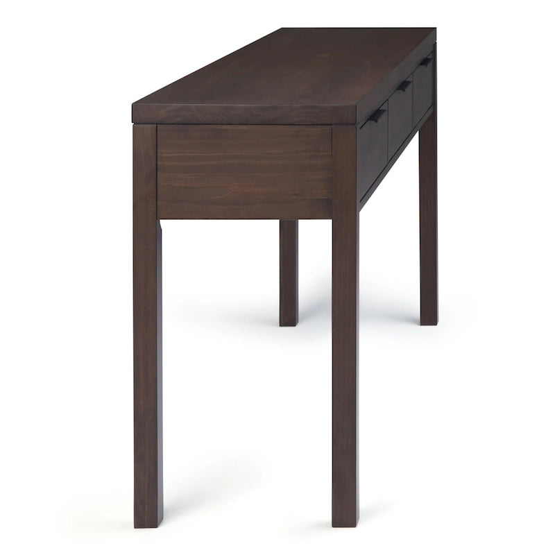 Console en bois massif de 152 cm avec 3 tiroirs, style contemporain, coloris noyer chaud