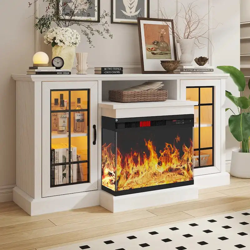 Meuble TV de 150 cm avec cheminée électrique 3 faces en verre intégrée