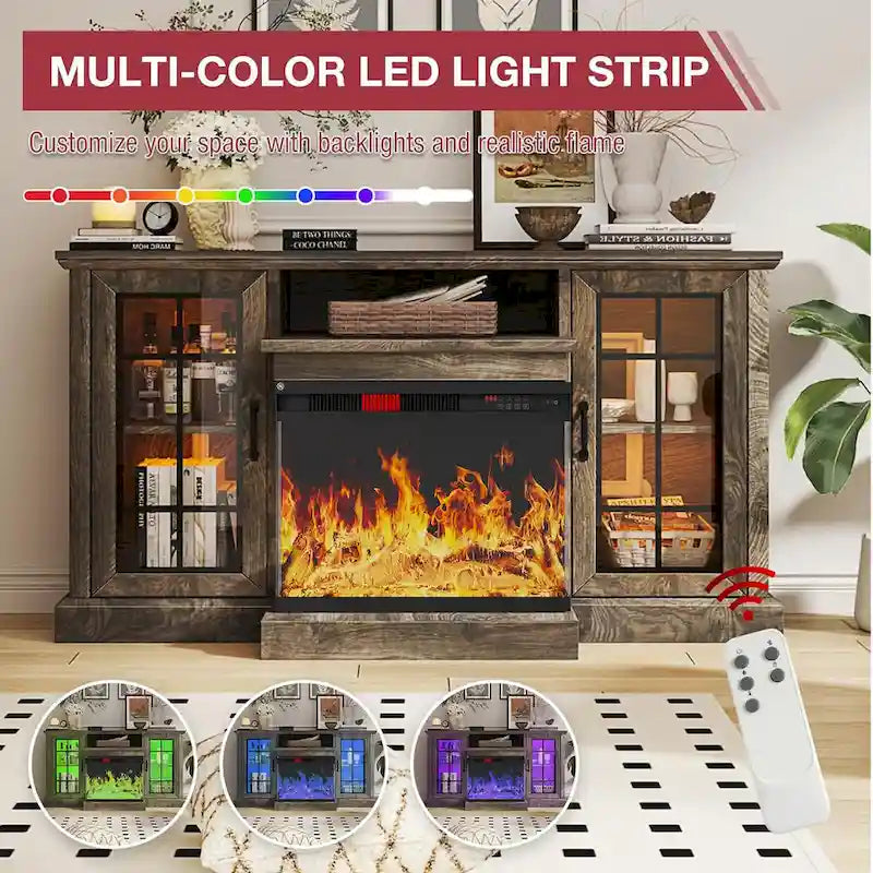 Meuble TV de 150 cm avec cheminée électrique 3 faces en verre intégrée