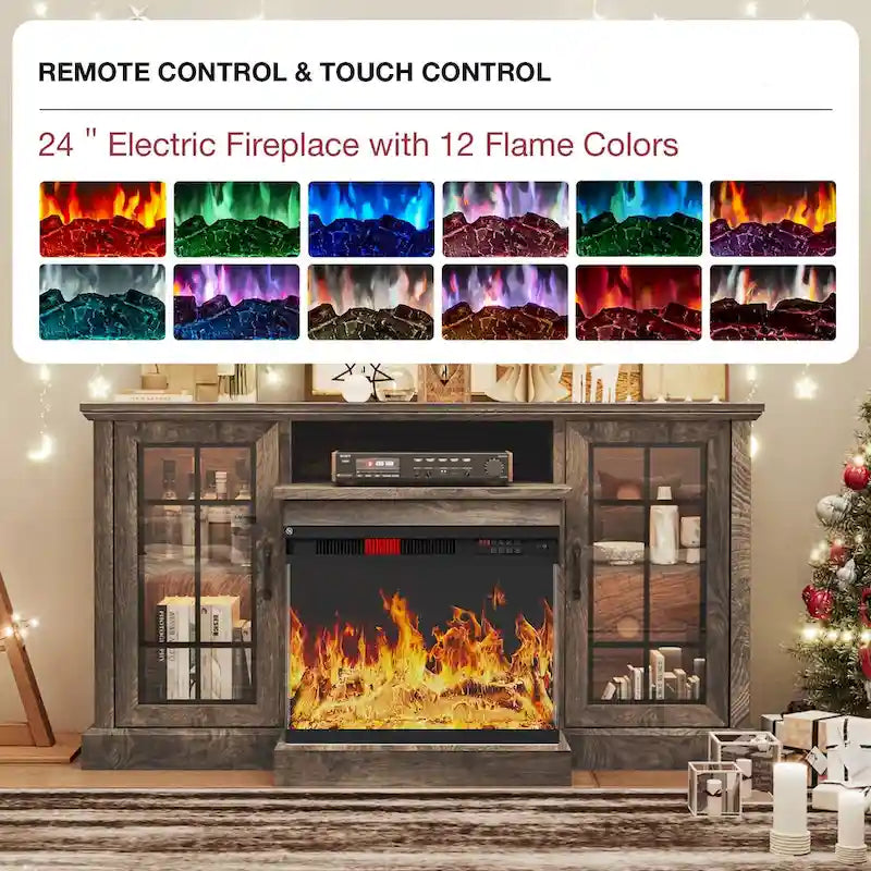 Meuble TV de 150 cm avec cheminée électrique 3 faces en verre intégrée