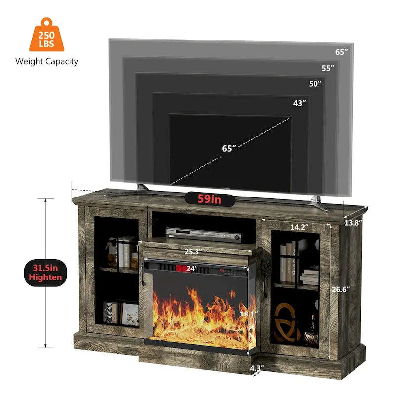 Meuble TV de 150 cm avec cheminée électrique 3 faces en verre intégrée