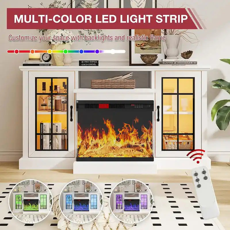 Meuble TV de 150 cm avec cheminée électrique 3 faces en verre intégrée