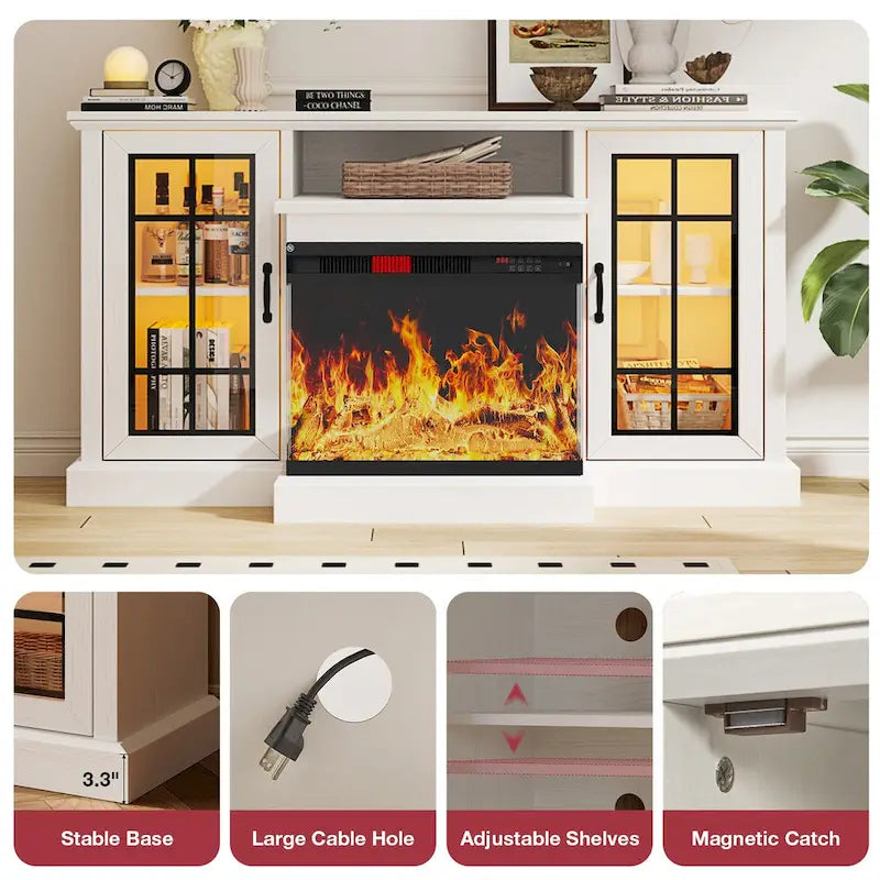 Meuble TV de 150 cm avec cheminée électrique 3 faces en verre intégrée