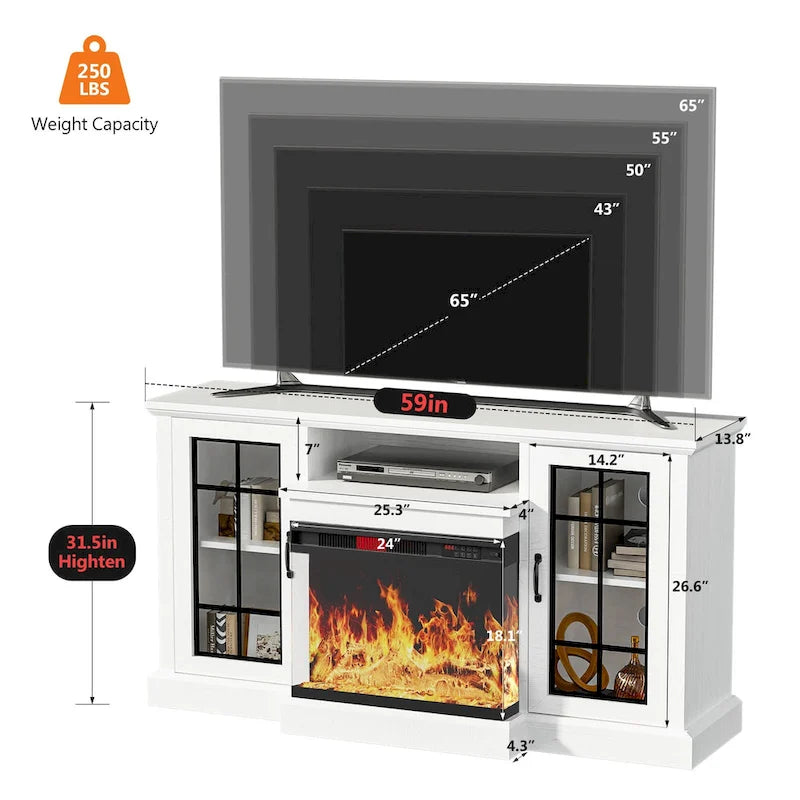 Meuble TV de 150 cm avec cheminée électrique 3 faces en verre intégrée