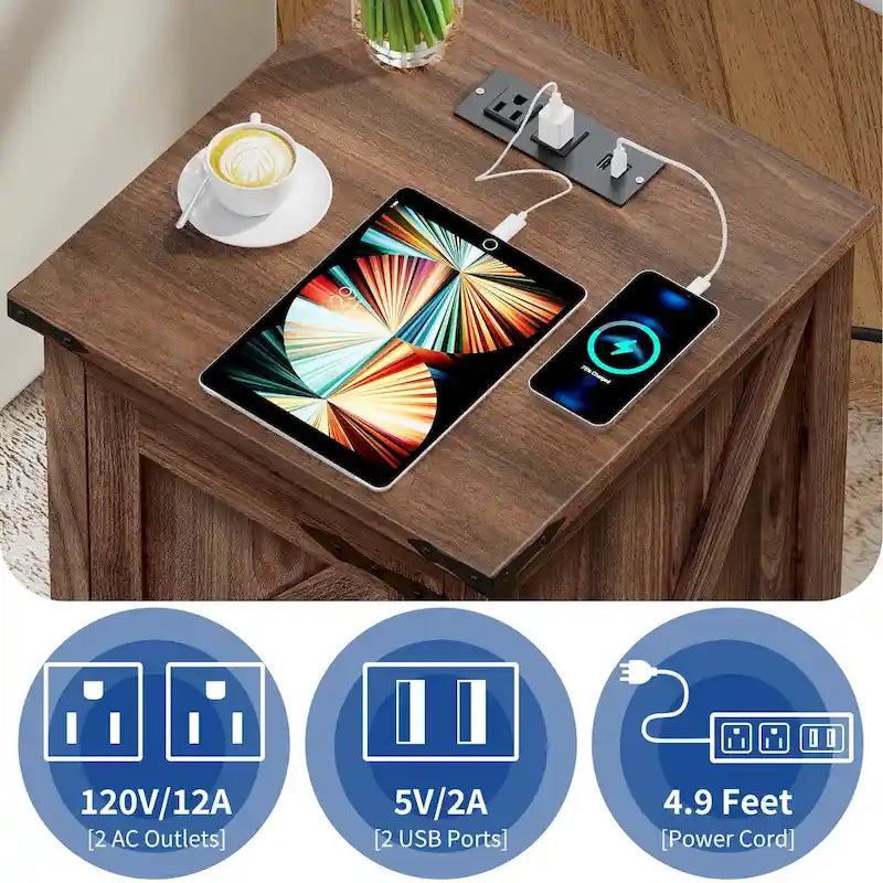 Table d'appoint de ferme avec station de recharge et étagère réglable