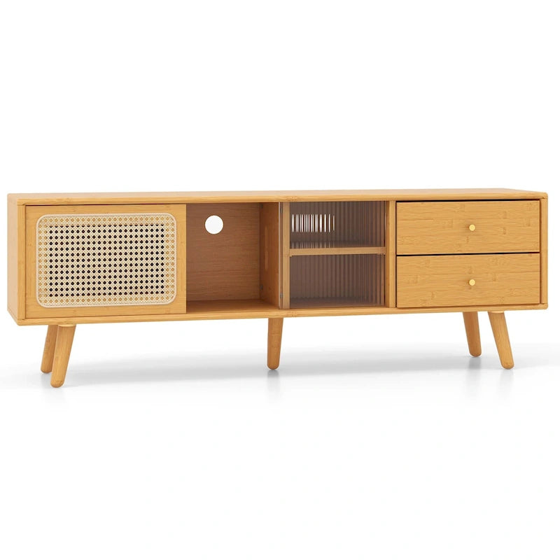 Meuble TV console en bambou avec portes en rotin et 2 tiroirs