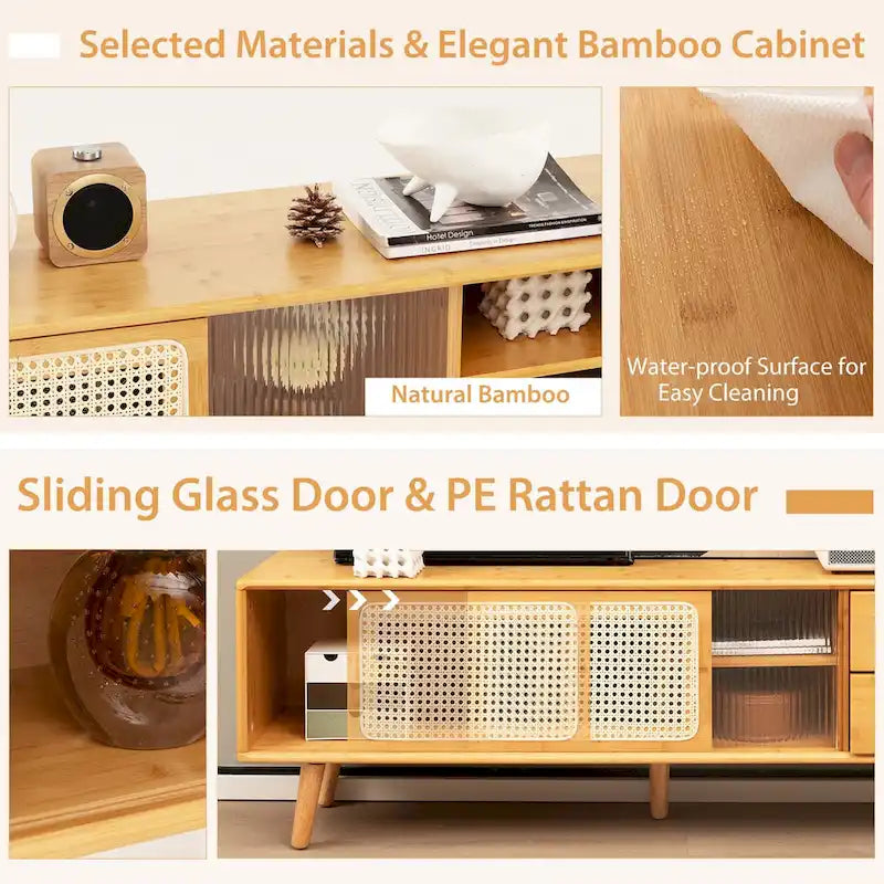 Meuble TV console en bambou avec portes en rotin et 2 tiroirs