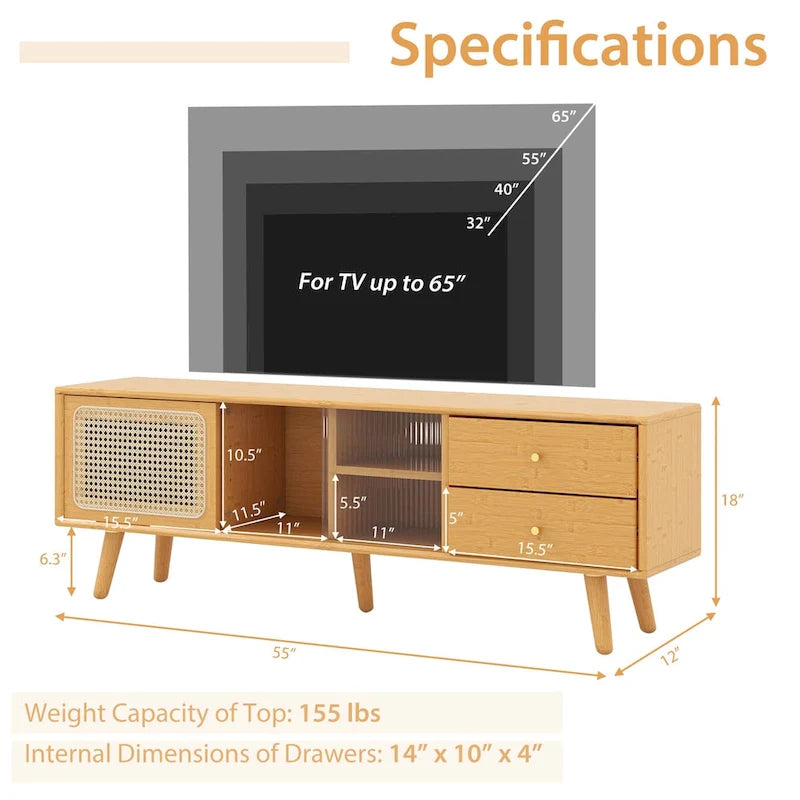 Meuble TV console en bambou avec portes en rotin et 2 tiroirs