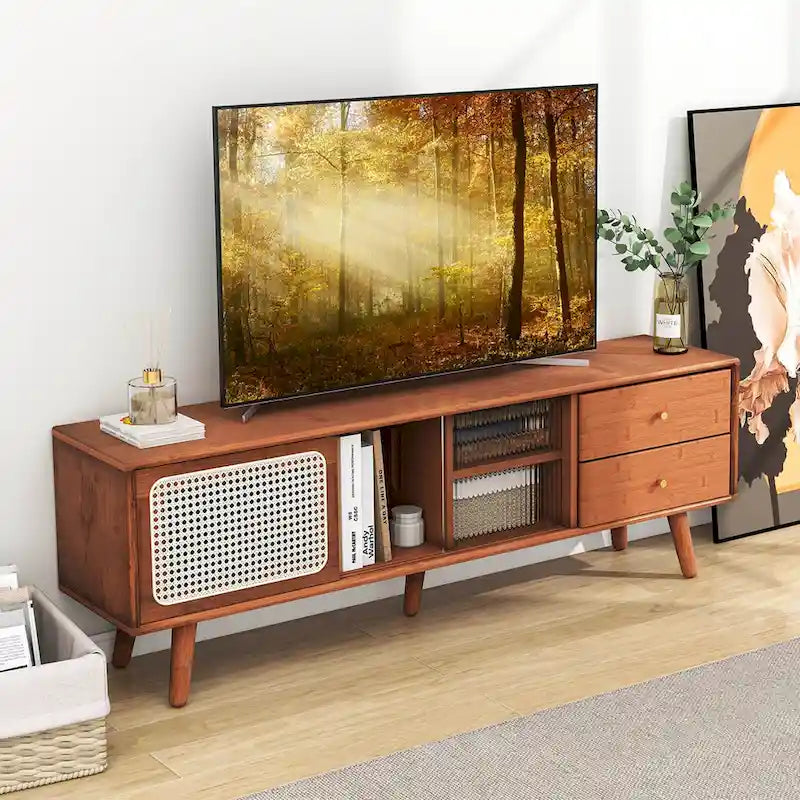Meuble TV console en bambou avec portes en rotin et 2 tiroirs