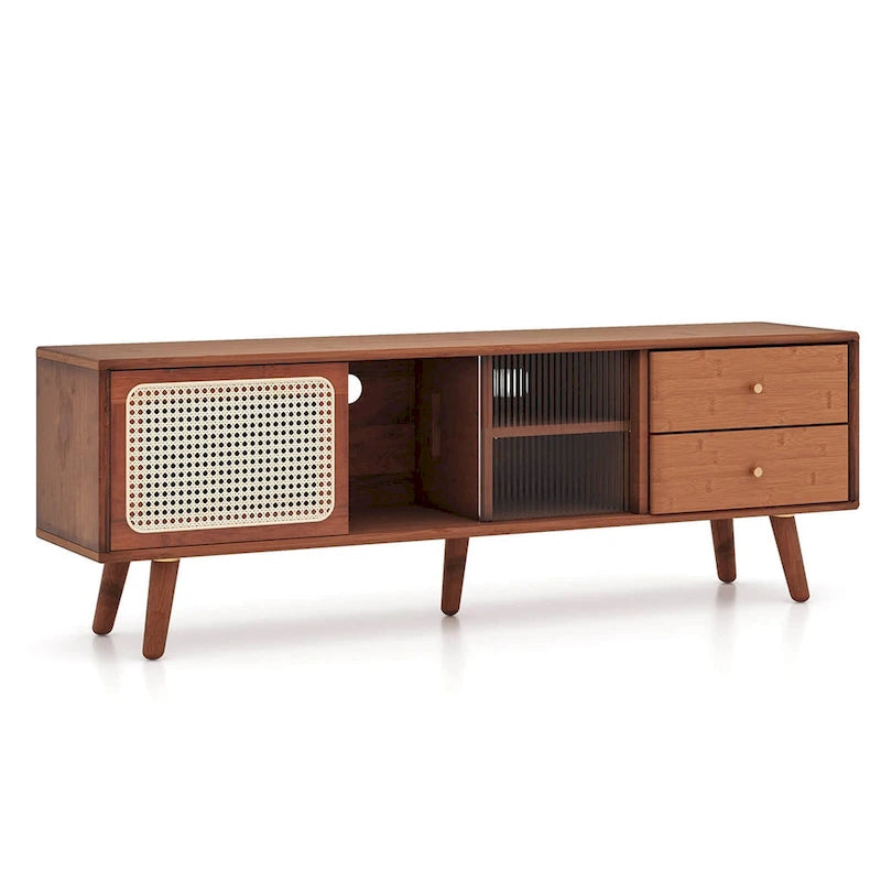 Meuble TV console en bambou avec portes en rotin et 2 tiroirs