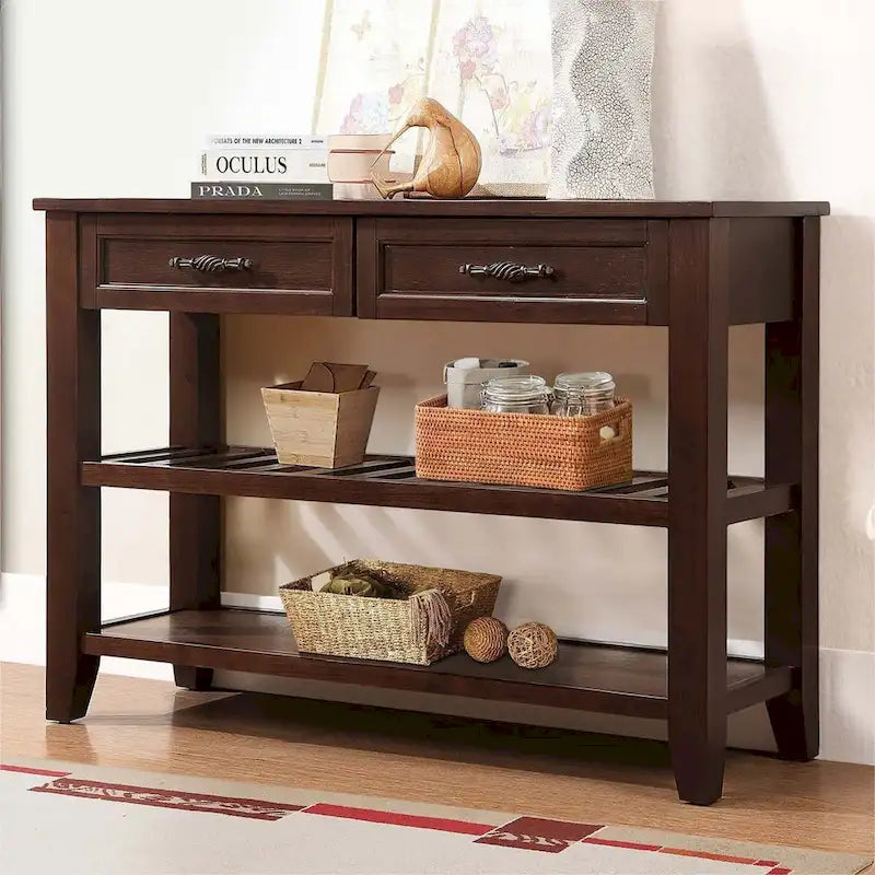Buffet-bahut avec tiroirs et étagères ouvertes en bois massif de style Mid-Century - 42 po