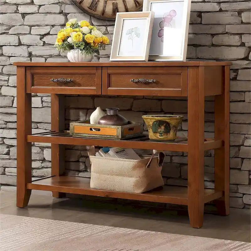 Buffet-bahut avec tiroirs et étagères ouvertes en bois massif de style Mid-Century - 42 po