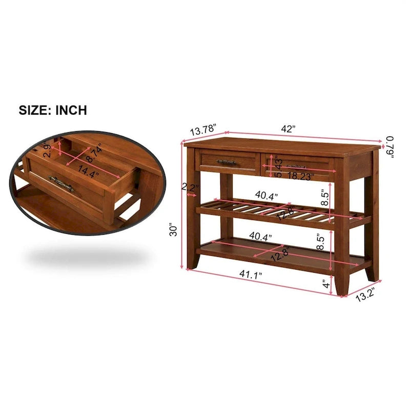 Buffet-bahut avec tiroirs et étagères ouvertes en bois massif de style Mid-Century - 42 po