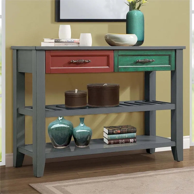 Buffet-bahut avec tiroirs et étagères ouvertes en bois massif de style Mid-Century - 42 po