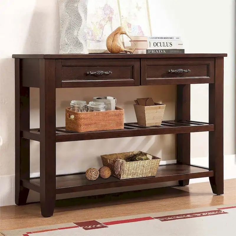 Buffet-bahut avec tiroirs et étagères ouvertes en bois massif de style Mid-Century - 42 po