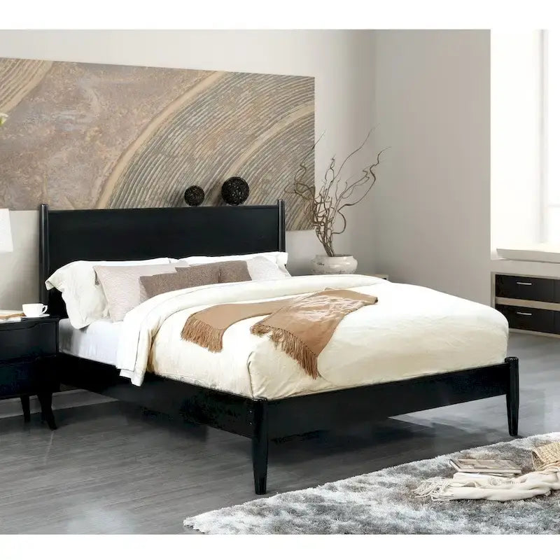 Lit plateforme Queen Size en bois style Mid-century moderne avec pieds fuselés