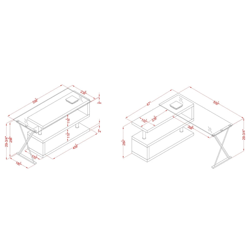 Bureau d'ordinateur convertible 59 po avec plateau en verre