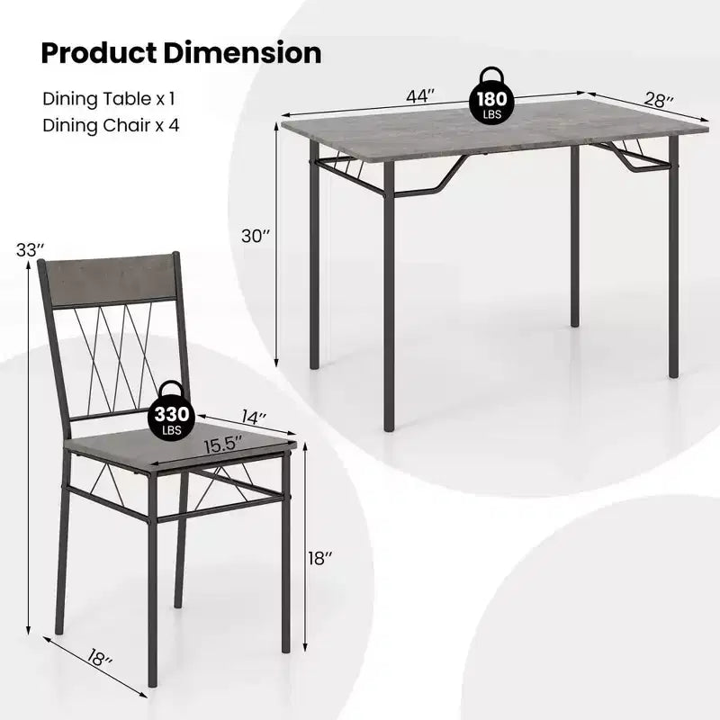 Costway 5PCS Dining Table Set for 4 Rectangular Kitchen Table & 4 Chairs with Metal Frame Cement Gray/Black