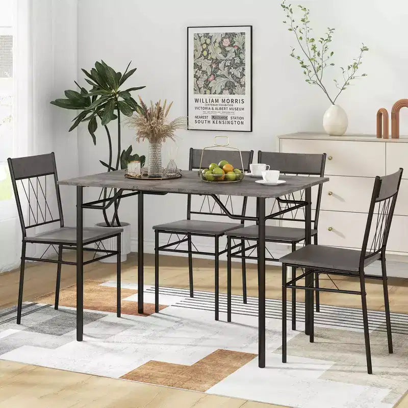Costway 5PCS Dining Table Set for 4 Rectangular Kitchen Table & 4 Chairs with Metal Frame Cement Gray/Black