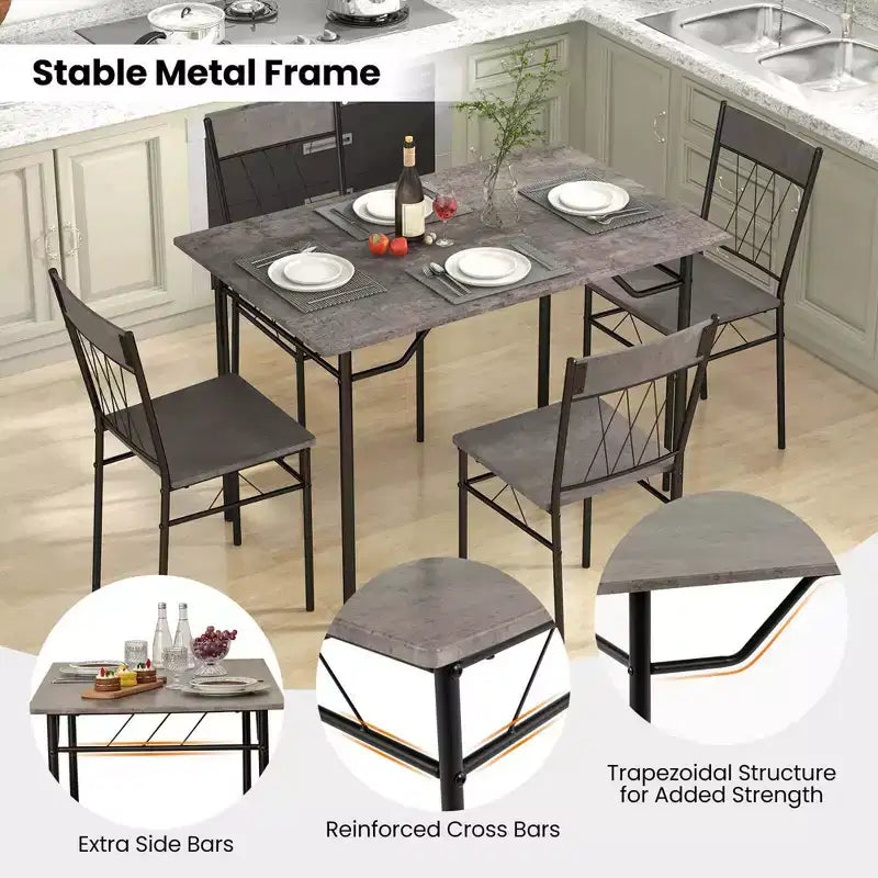 Costway 5PCS Dining Table Set for 4 Rectangular Kitchen Table & 4 Chairs with Metal Frame Cement Gray/Black