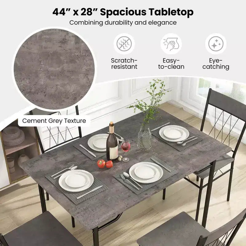 Costway 5PCS Dining Table Set for 4 Rectangular Kitchen Table & 4 Chairs with Metal Frame Cement Gray/Black