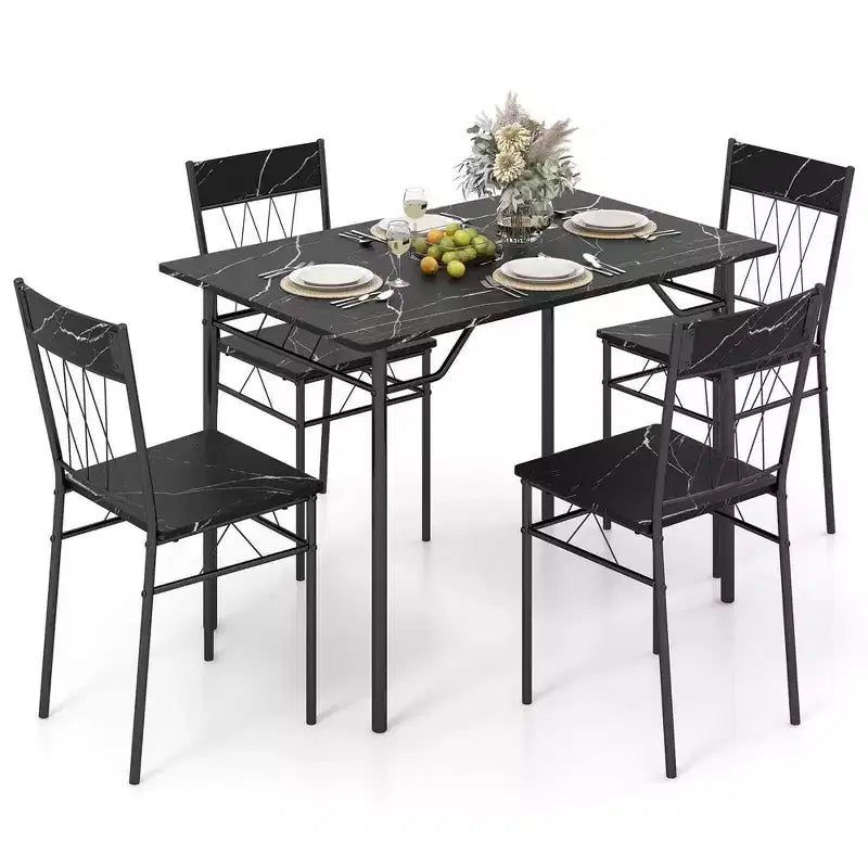 Costway 5PCS Dining Table Set for 4 Rectangular Kitchen Table & 4 Chairs with Metal Frame Cement Gray/Black