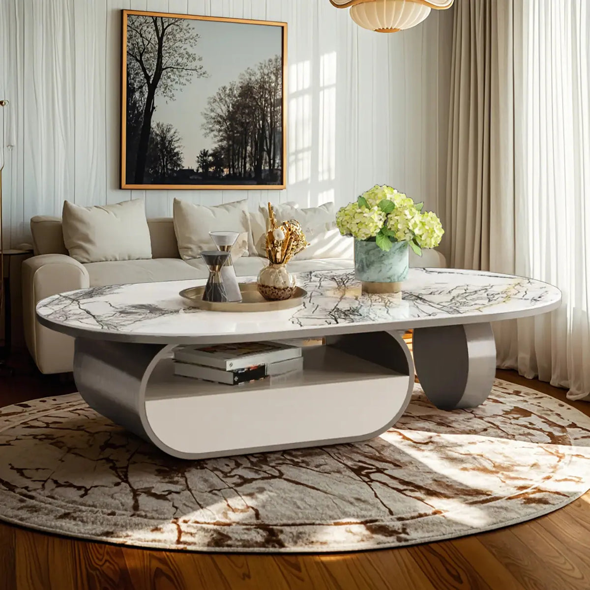 Contemporary Unique Marble Top Oval Coffee Table with Drawer