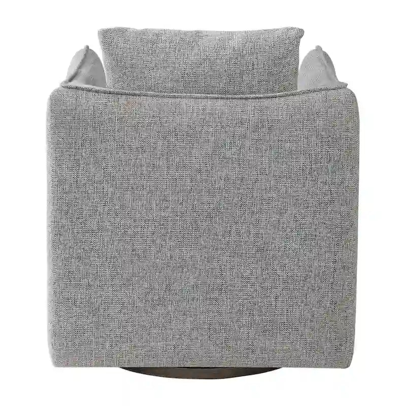 Fauteuil pivotant en lin tissé avec base en bois gris patiné