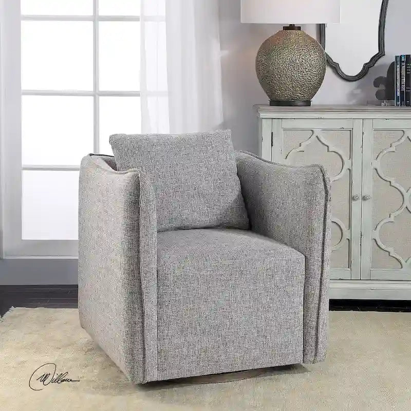 Fauteuil pivotant en lin tissé avec base en bois gris patiné