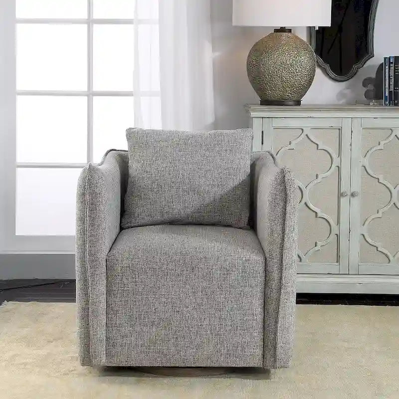 Fauteuil pivotant en lin tissé avec base en bois gris patiné