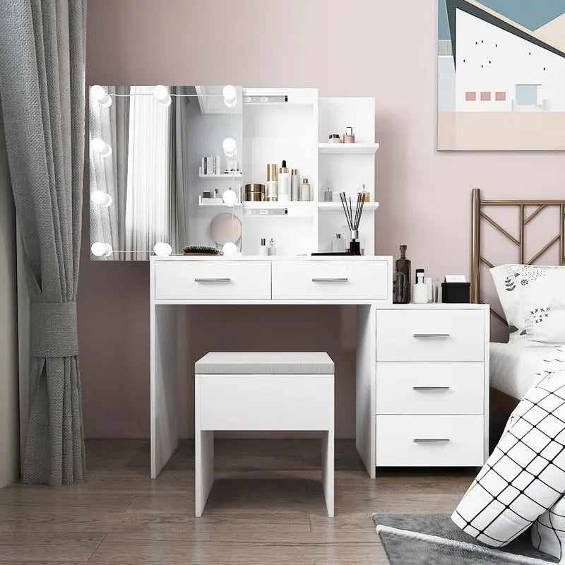 Ensemble coiffeuse LED avec tabouret et armoire-miroir