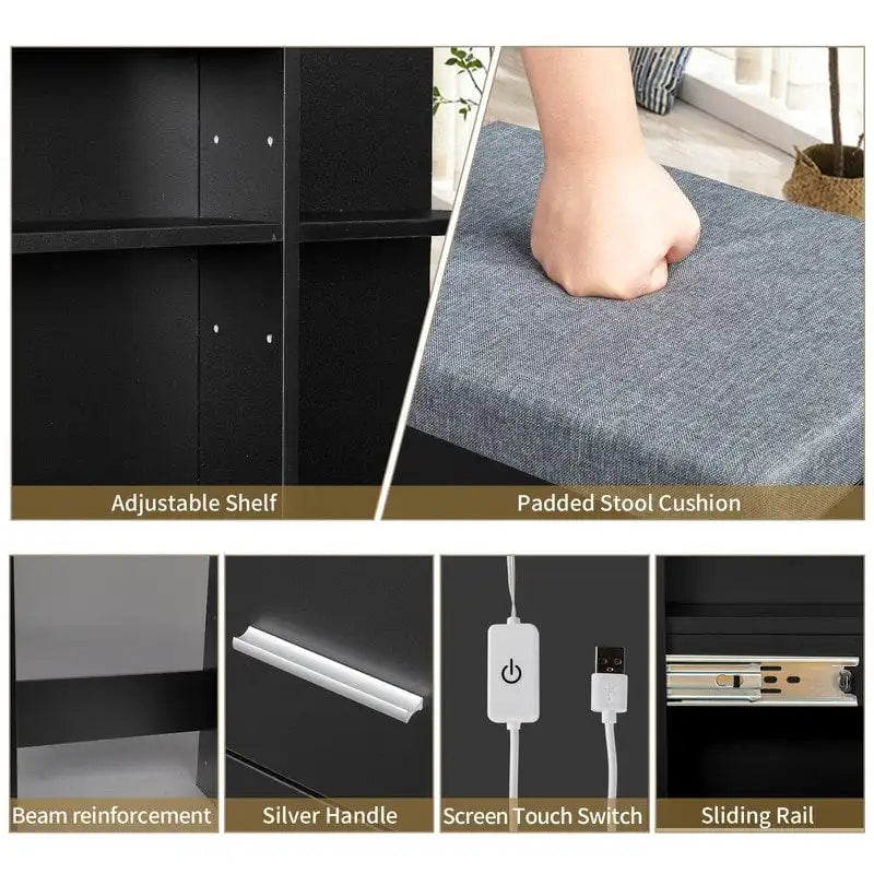 Ensemble coiffeuse LED avec tabouret et armoire-miroir