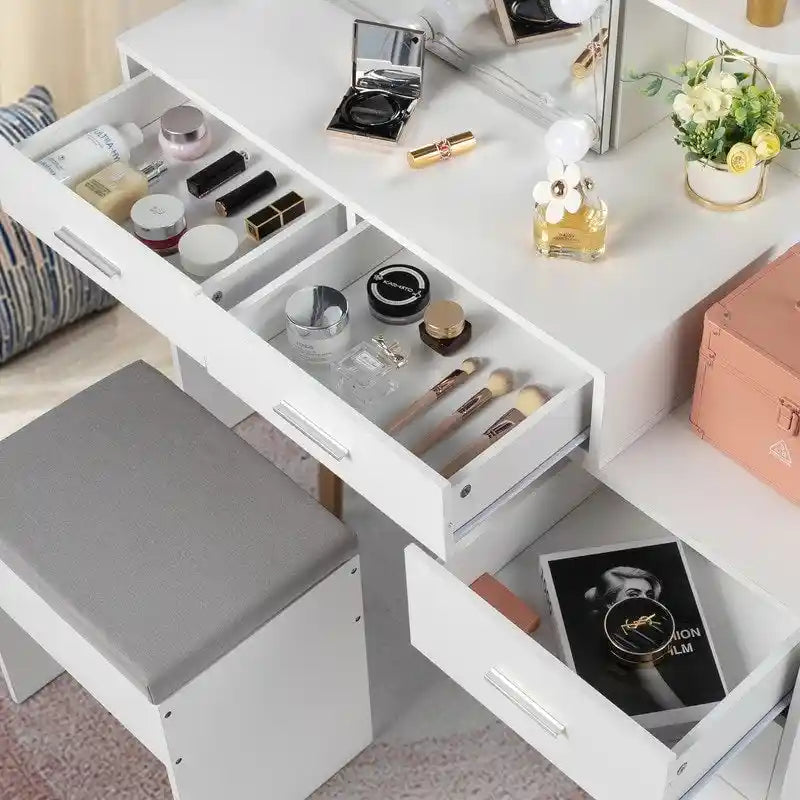 Ensemble coiffeuse LED avec tabouret et armoire-miroir