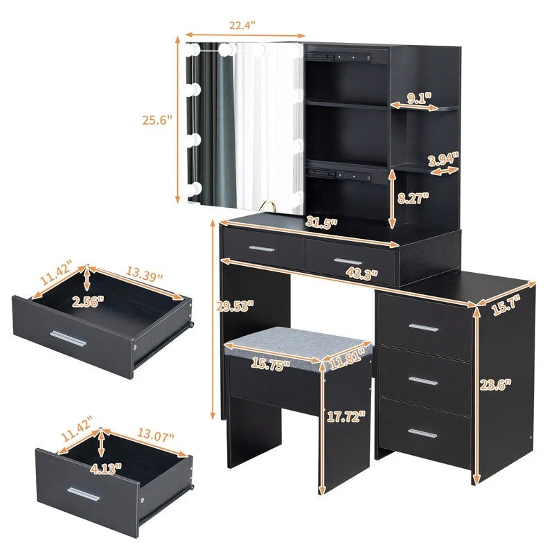 Ensemble coiffeuse LED avec tabouret et armoire-miroir