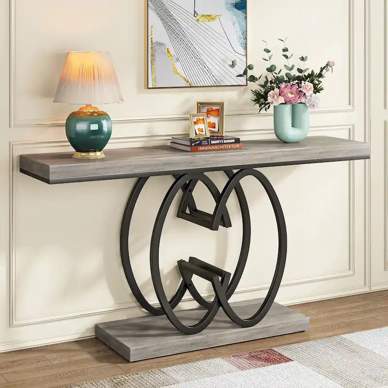 Console de 55 pouces en faux marbre avec piètement géométrique en métal
