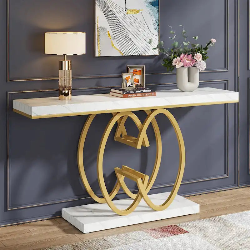 Console de 55 pouces en faux marbre avec piètement géométrique en métal