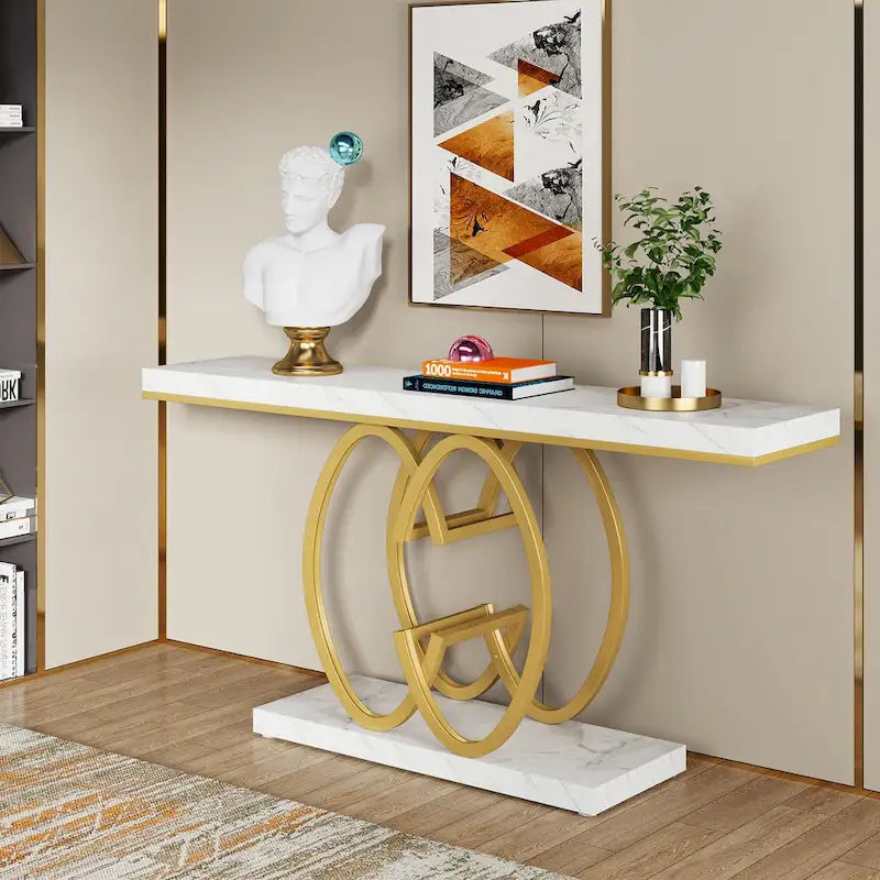 Console de 55 pouces en faux marbre avec piètement géométrique en métal