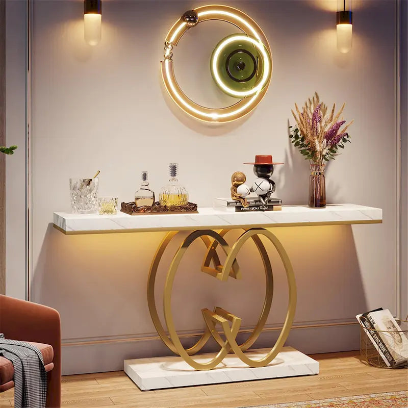 Console de 55 pouces en faux marbre avec piètement géométrique en métal